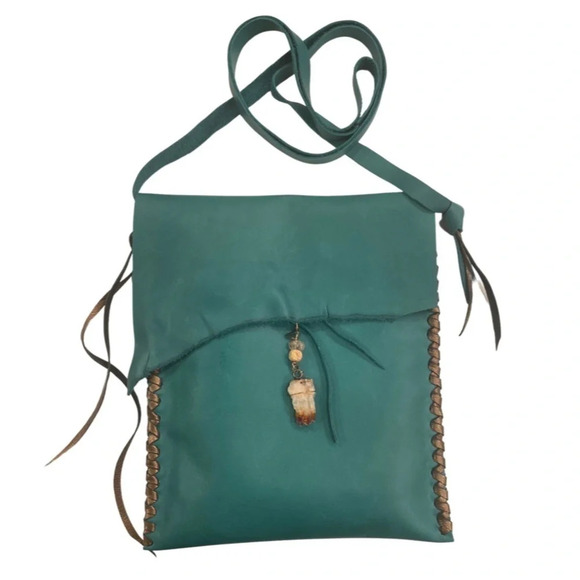 Handmade Handbags - Teal Leather Crossbody Handbag w/Citrine Crystal, NWT, Handmade by me